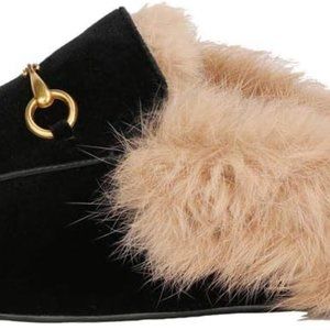 Fur Mules for Women Chain Leather Low Heel Mule Fluffy Comfort Loafers Casual